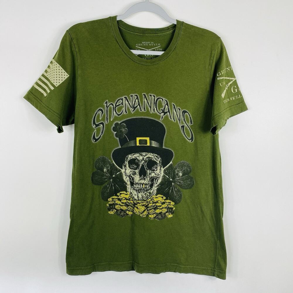 Grunt Style T-Shirt Men's Medium Green Shenanigans Crewneck Skull Clovers